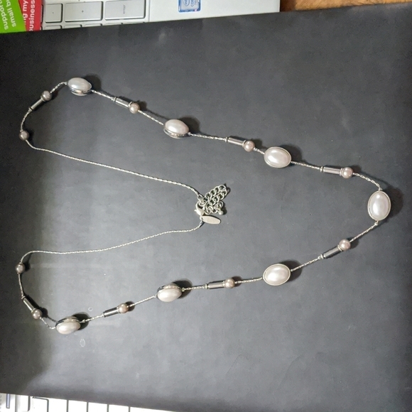 NY Collection Silver Tone White Faux Pearl Long Strand Statement Necklace - Picture 1 of 3